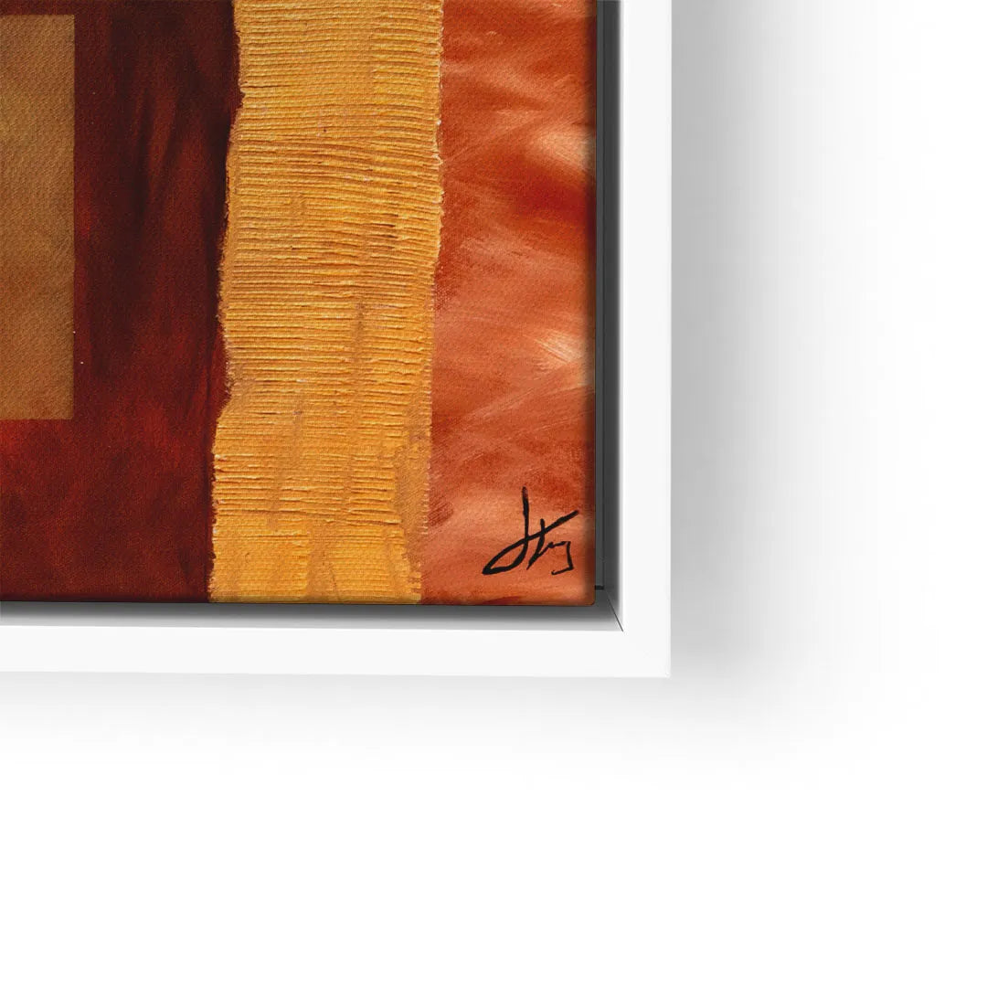 Modernes Wandbild mit abstraktem Muster in Orange, Rot und Gelb, gerahmt, Kunstdruck