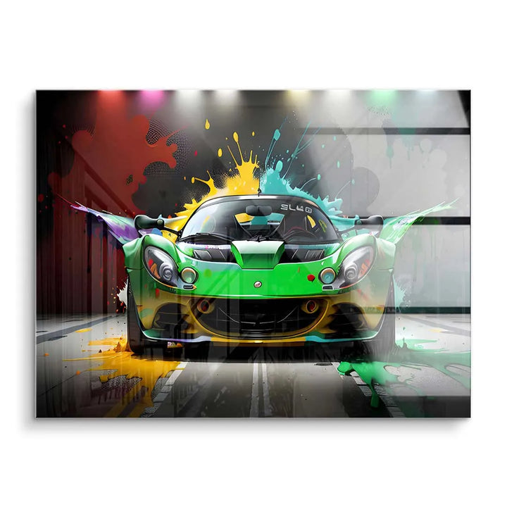 Modernes Wandbild mit grünem Sportwagen, bunte Farbspritzer, Acrylglas Kunst