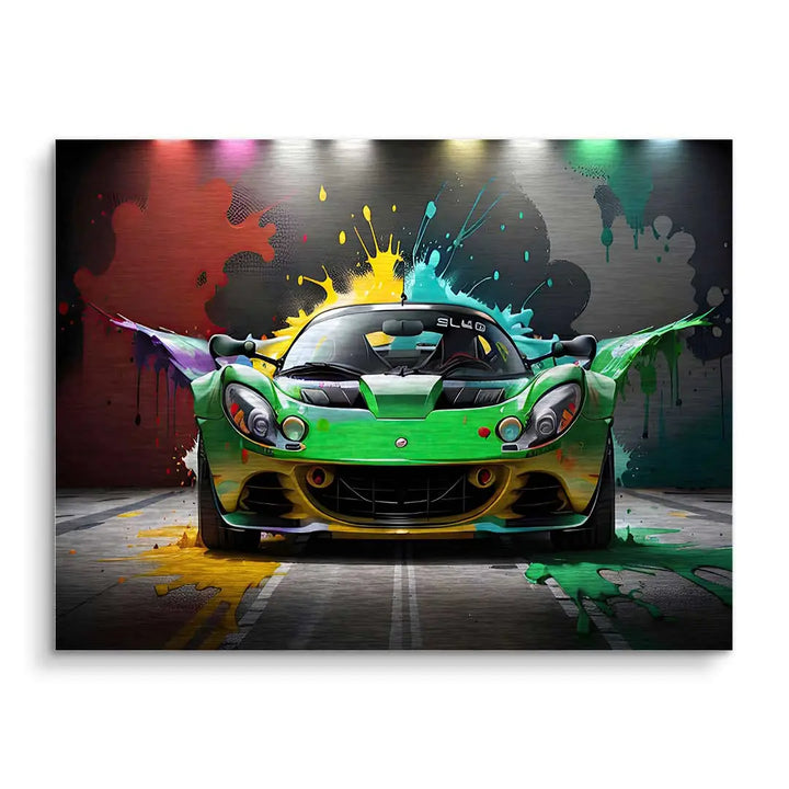 Modernes Wandbild mit grünem Sportwagen und bunten Farbspritzern auf dunklem Hintergrund