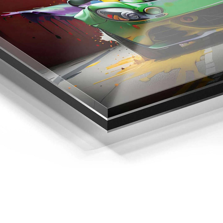 Detailansicht Acrylglas Wandbild mit grünem Sportwagen und buntem Farbspritzer-Design