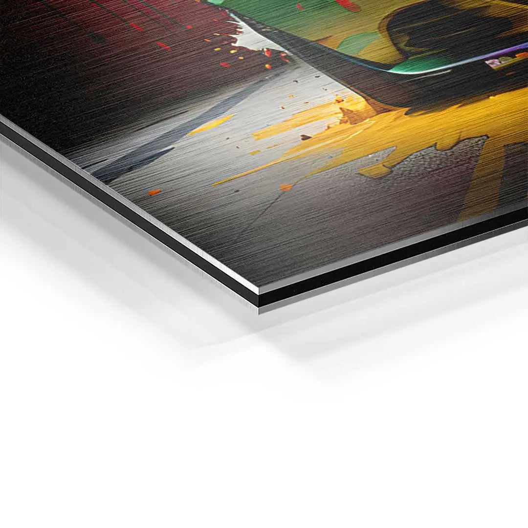 Detailansicht buntes Wandbild auf Aluminium mit gebürsteter Oberfläche und abstrakten Farbspritzern