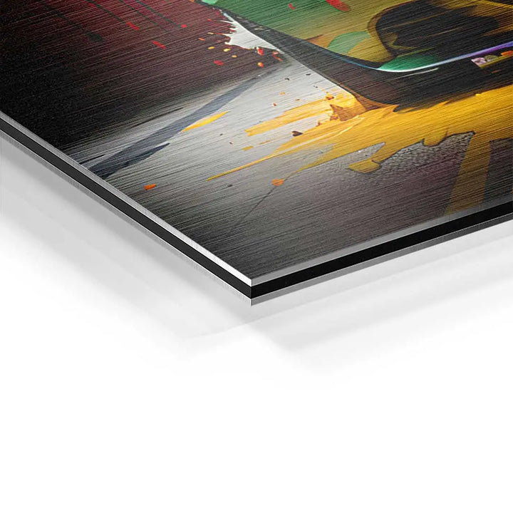 Detailansicht buntes Wandbild auf Aluminium mit gebürsteter Oberfläche und abstrakten Farbspritzern