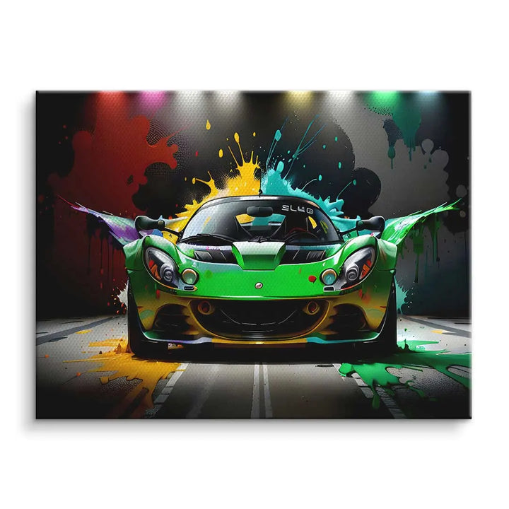 Wandbild mit grünem Sportwagen, bunte Farbspritzer, moderne Auto Kunst auf Leinwand