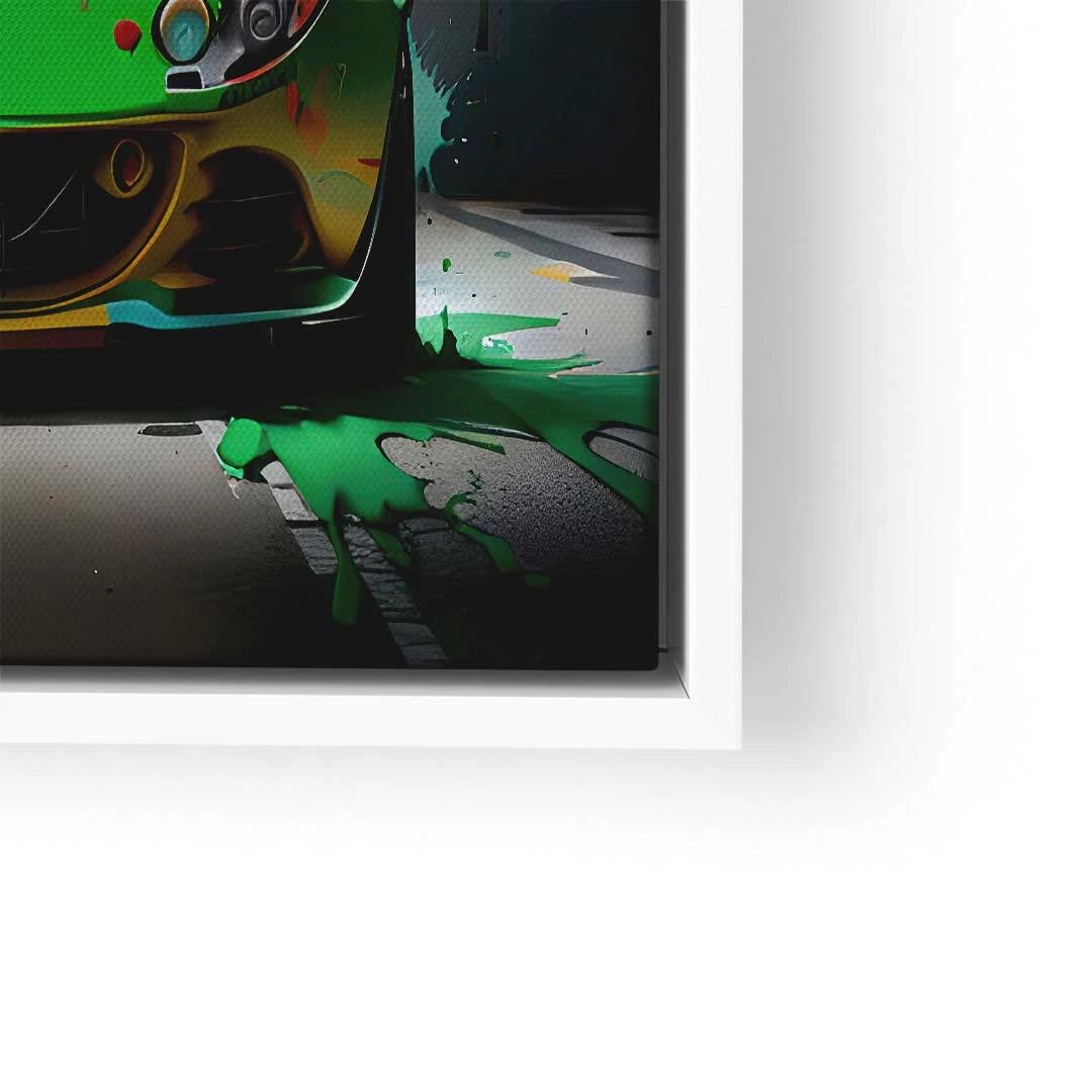 Modernes Wandbild mit grünem Sportwagen und Farbspritzern, Kunst auf Leinwand