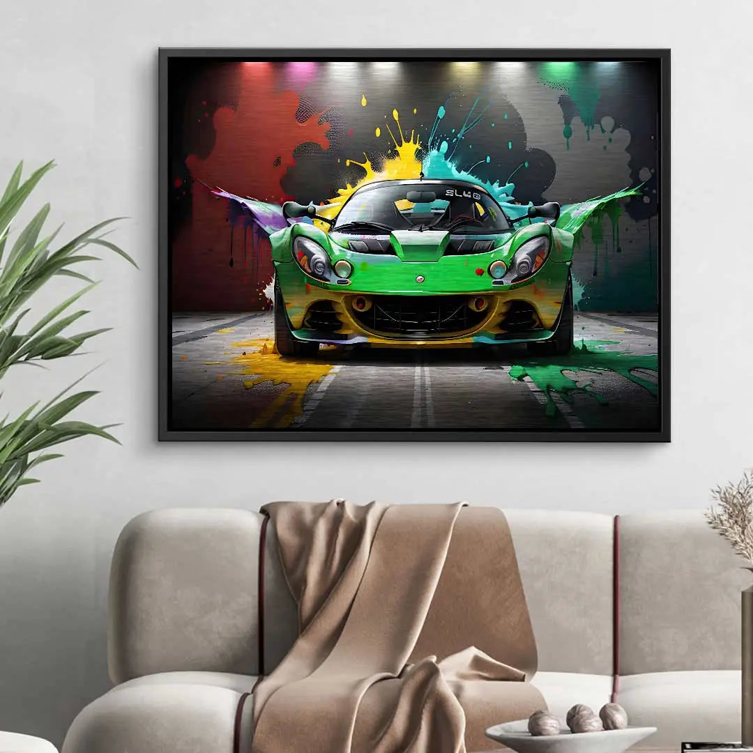 Modernes Wandbild mit grünem Sportwagen und bunten Farbspritzern als Wohnzimmer-Dekoration
