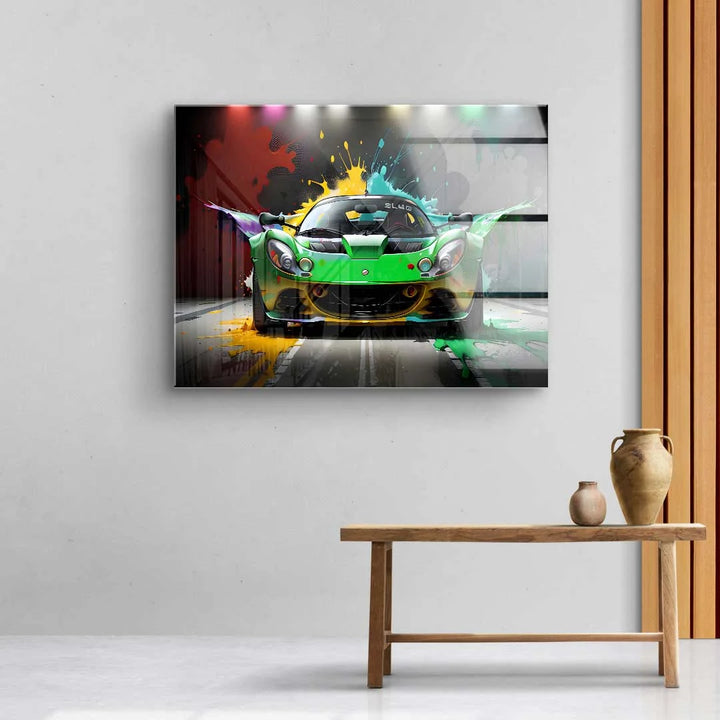 Modernes Wandbild mit grünem Sportwagen und bunten Farbeffekten im Wohnzimmer