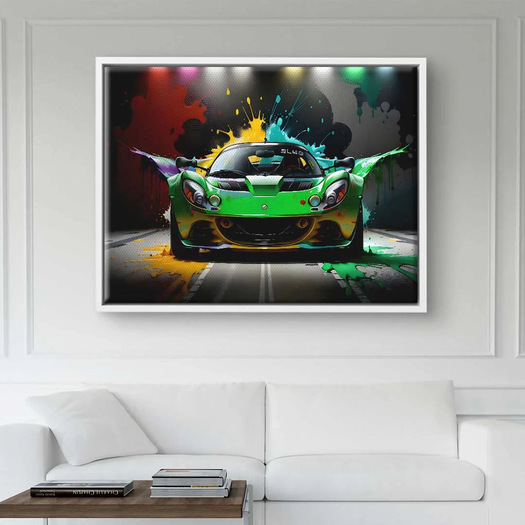 Modernes Wandbild mit grünem Sportwagen und bunten Farbspritzern, Wohnzimmer Dekoration