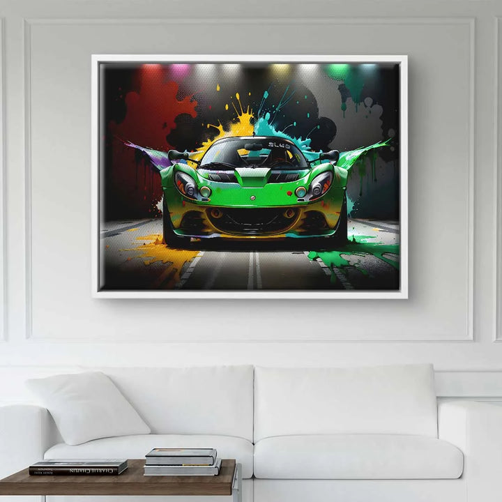 Modernes Wandbild mit grünem Sportwagen und bunten Farbspritzern, Wohnzimmer Dekoration