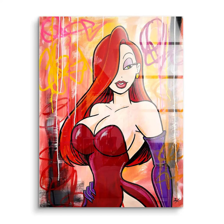 Pop Art Wandbild Frau mit roten Haaren im Comic-Stil auf buntem Graffiti-Hintergrund
