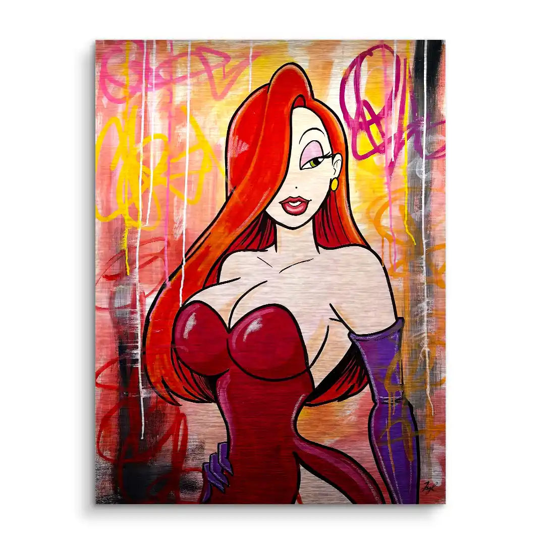 Pop Art Wandbild einer stilisierten Frau mit roten Haaren und rotem Kleid auf buntem Hintergrund