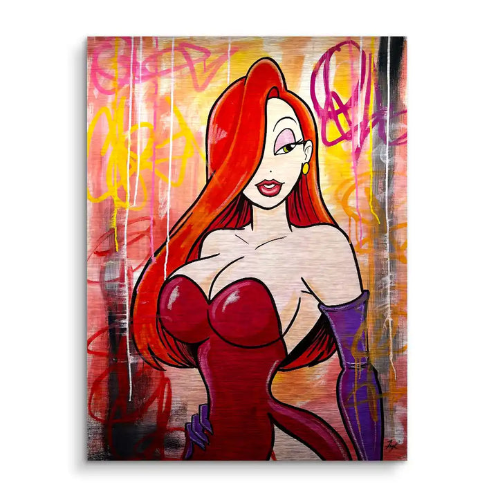 Pop Art Wandbild einer stilisierten Frau mit roten Haaren und rotem Kleid auf buntem Hintergrund