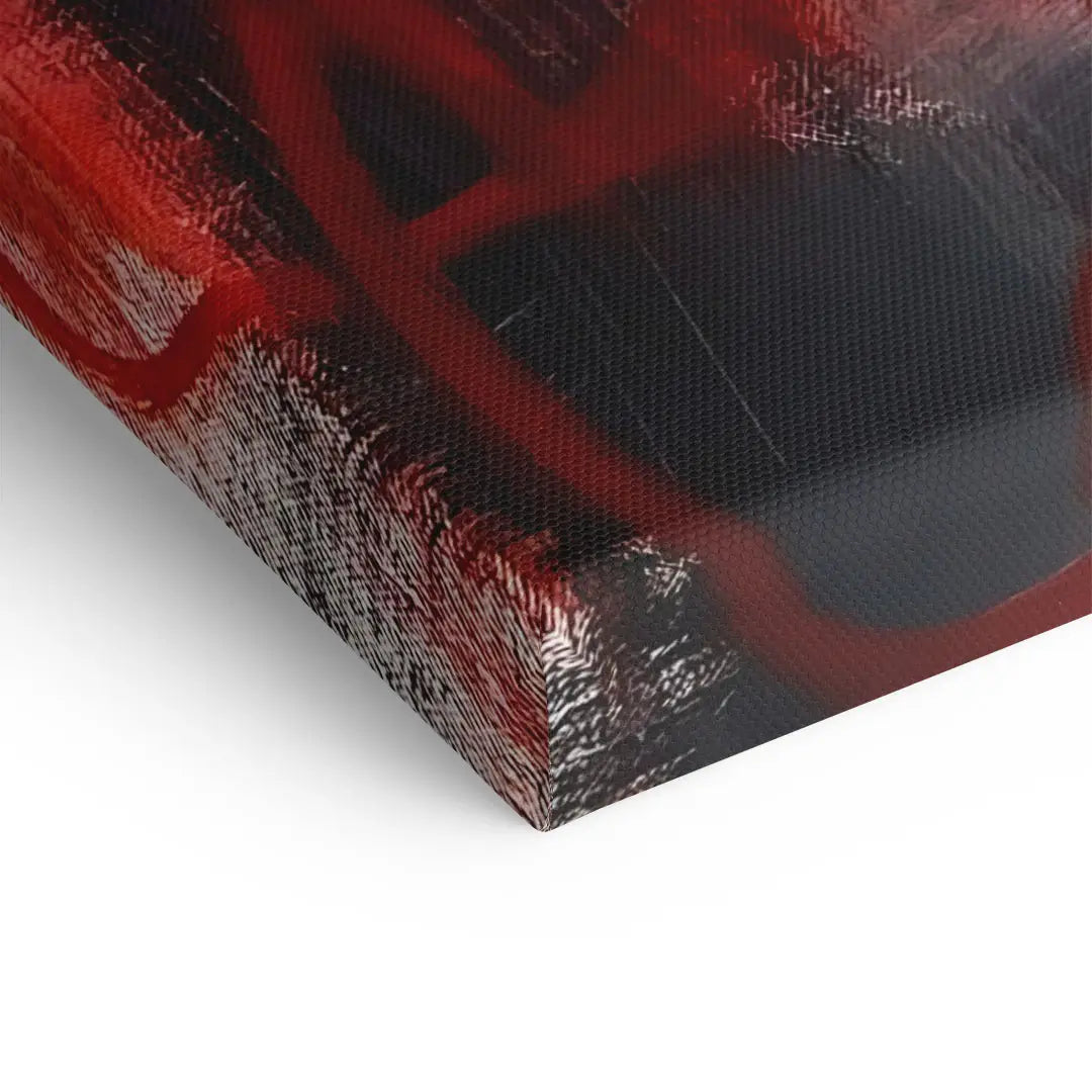 Detailfoto einer Leinwand mit moderner Kunst in Rot- und Schwarztönen, Wandbild kaufen