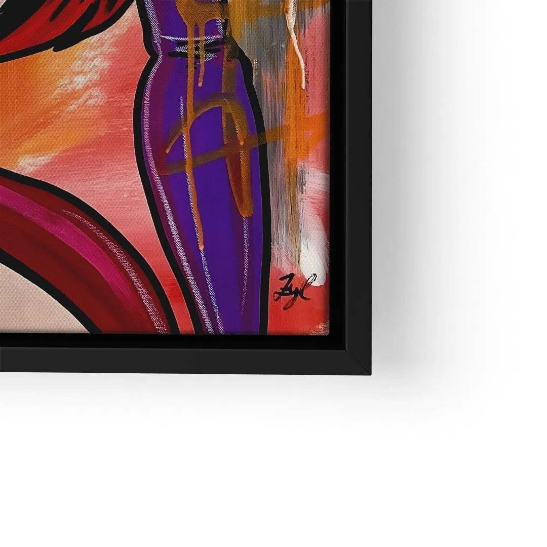 Buntes Wandbild mit abstrakter Figur in Lila, Rot und Orange, moderner Pop Art Stil im schwarzen Rahmen
