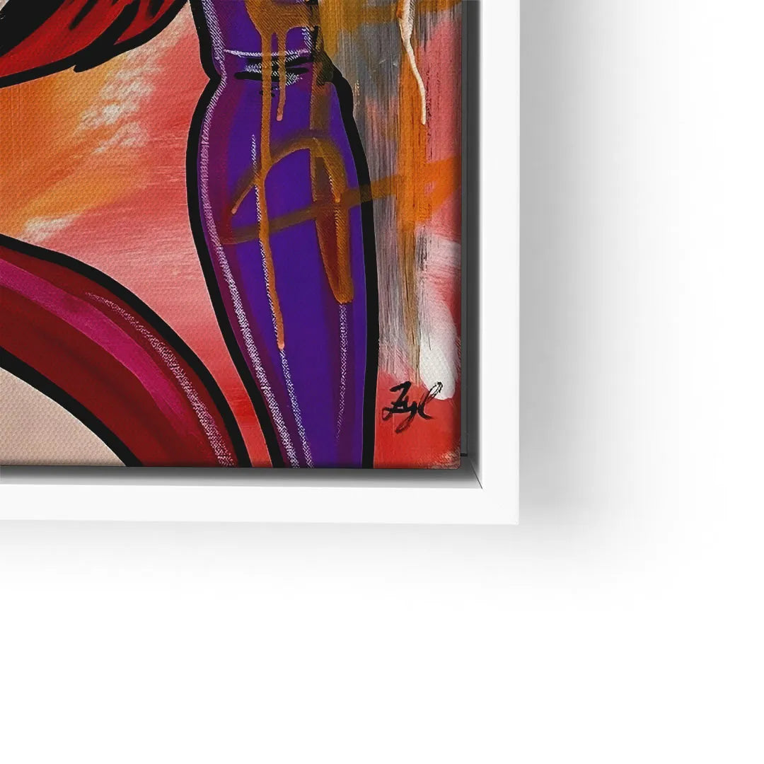 Modernes abstraktes Wandbild in Orange, Lila und Rot mit auffälligen Farbverläufen.