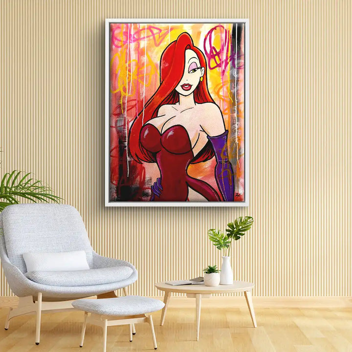 Pop Art Wandbild mit rothaariger Comic-Figur im roten Kleid vor buntem Graffiti-Hintergrund