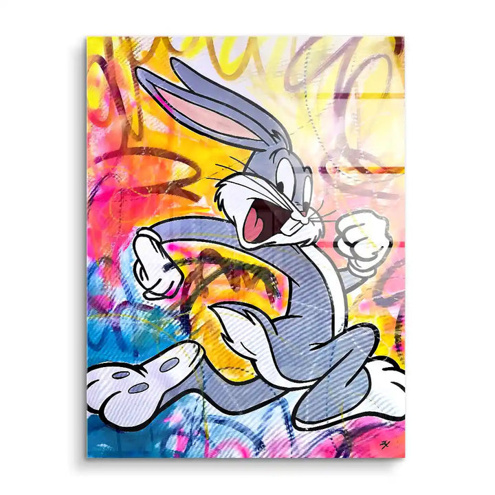 Comic-Kunst Wandbild mit laufendem Hasen auf bunter Graffiti-Hintergrund Acrylglas