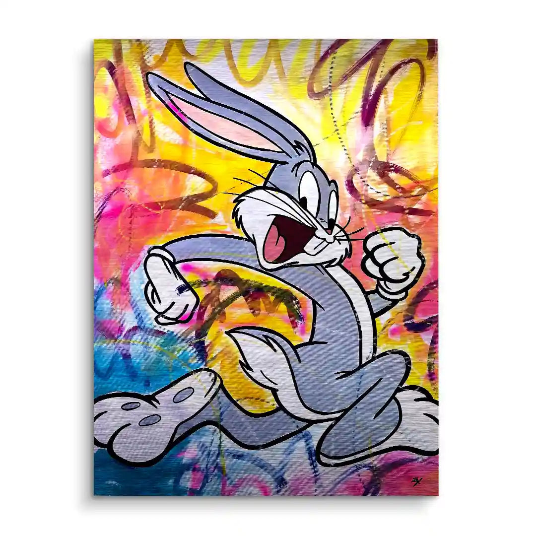 Wandbild mit Graffiti-Kunst, Cartoon-Hase auf buntem Hintergrund, modernes Kunstdruckmotiv