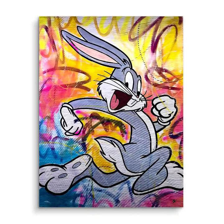 Wandbild mit Graffiti-Kunst, Cartoon-Hase auf buntem Hintergrund, modernes Kunstdruckmotiv