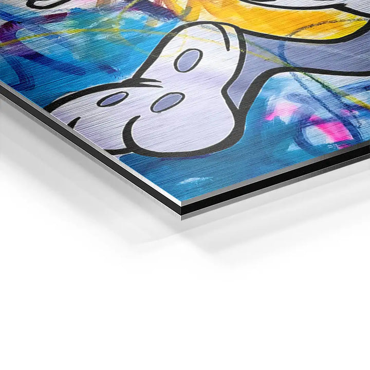 Detailansicht Wandbild mit buntem Rabbit-Kunstmotiv auf Acrylglas, gebürstete Oberfläche