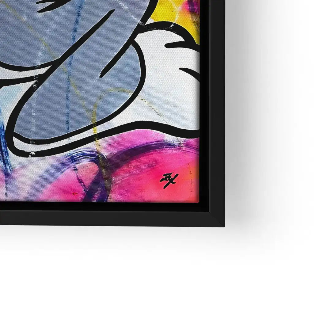 Modernes Wandbild mit abstraktem Hasenmotiv, bunte Farben, schwarze Rahmenkante
