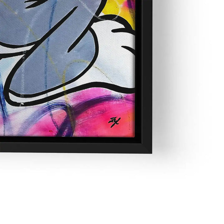 Modernes Wandbild mit abstraktem Hasenmotiv, bunte Farben, schwarze Rahmenkante