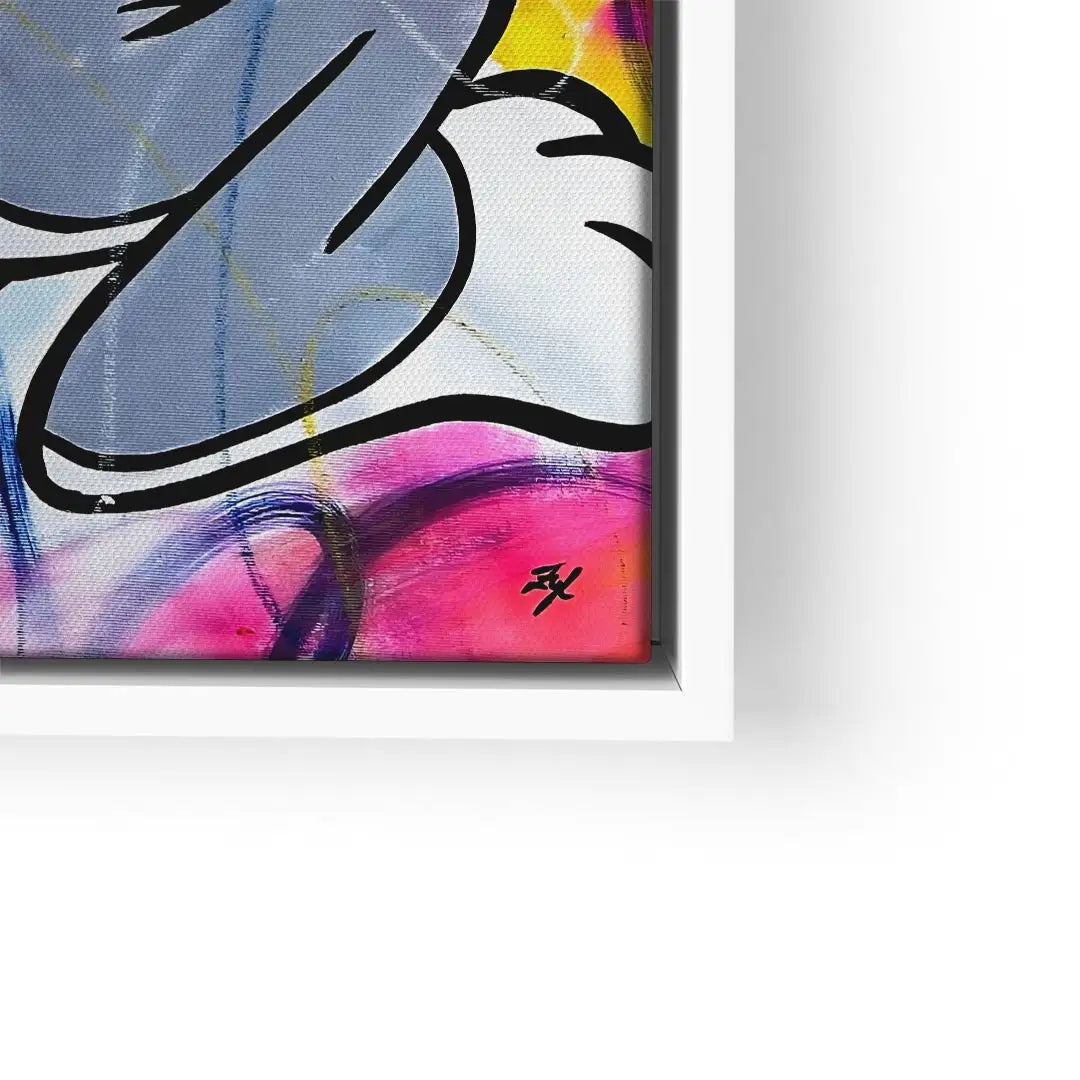 Modernes Wandbild Hase, bunte Streetart auf Leinwand im weißen Rahmen
