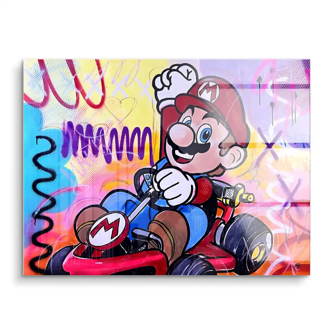 Farbenfrohes Wandbild mit Mario im Go-Kart im Comicstil auf abstraktem Hintergrund