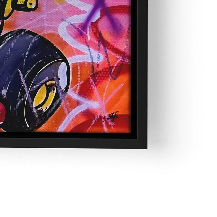 Modernes Wandbild mit Auto-Detail, buntem Graffiti-Stil und leuchtenden Farben im schwarzen Rahmen