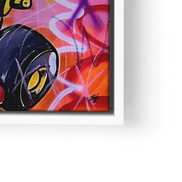 Modernes Wandbild mit buntem Graffiti-Stil, schwarzen und gelben Motiven auf rotem Hintergrund