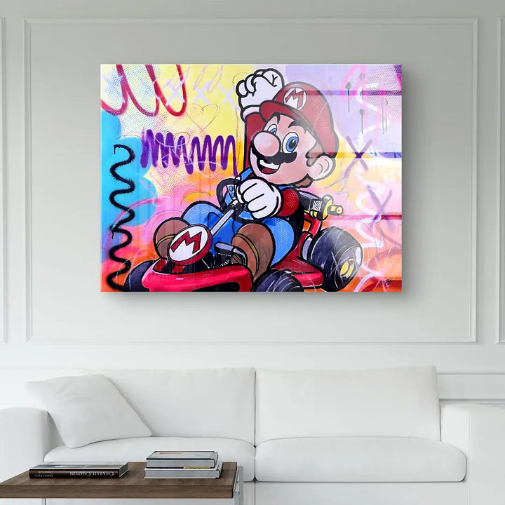Buntes Wandbild mit Comic-Figur im Go-Kart, Pop Art-Stil, Graffiti-Hintergrund, Wohnzimmerdeko