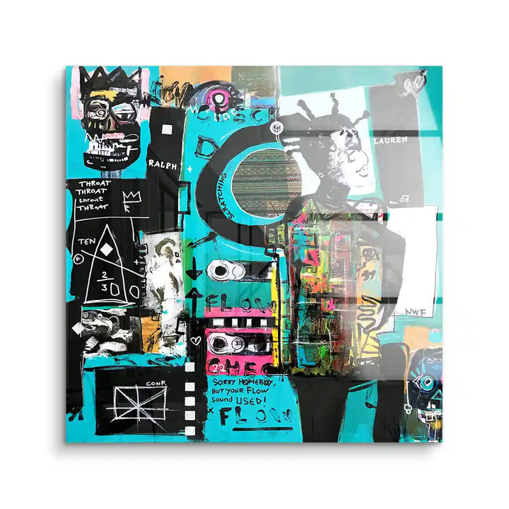 Modernes Acryl-Wandbild im Street-Art-Stil mit abstrakten Figuren und leuchtendem Türkis