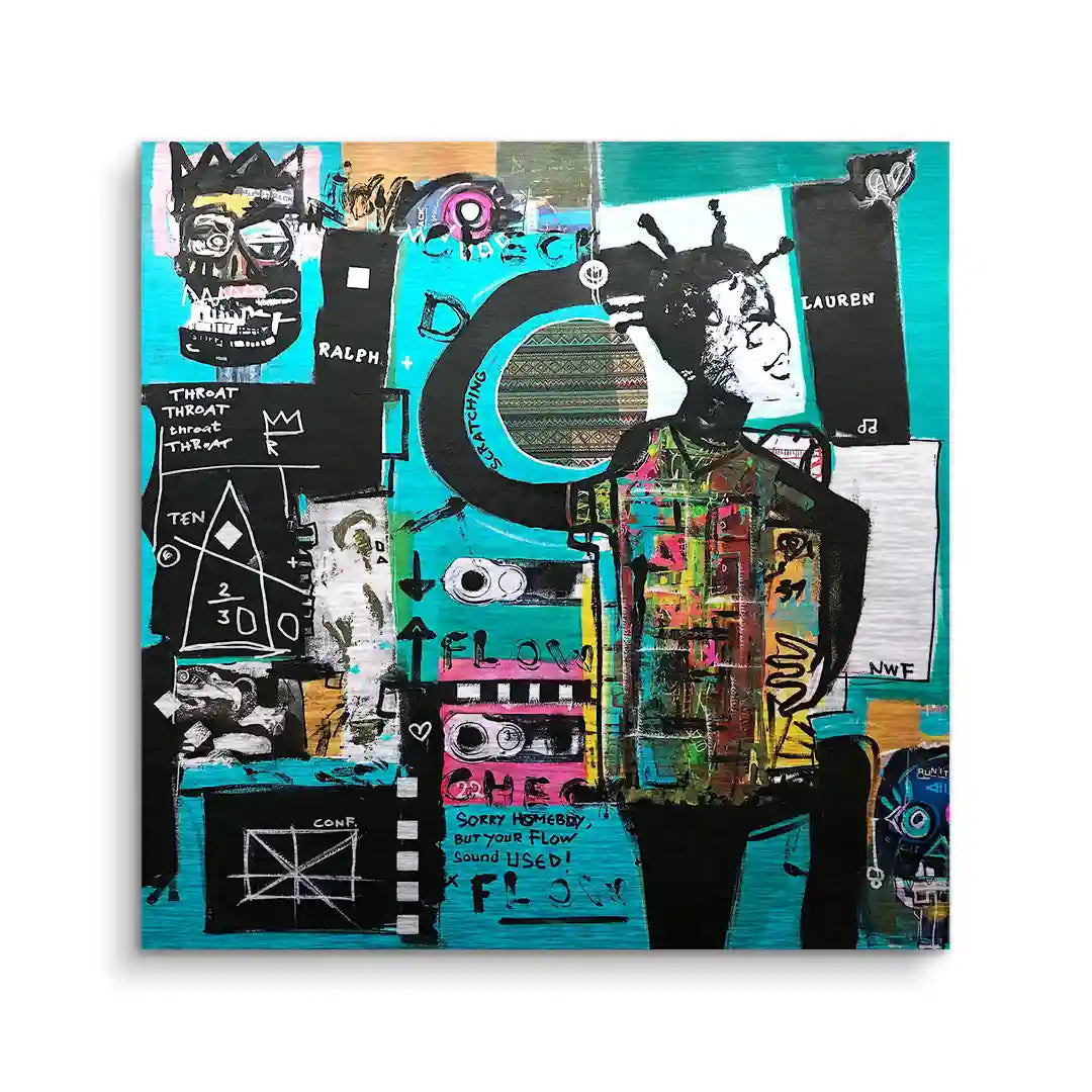 Modernes Wandbild im Pop Art Stil mit abstraktem Porträt, bunten Graffiti-Elementen und Texten auf türkisfarbenem Hintergrund.
