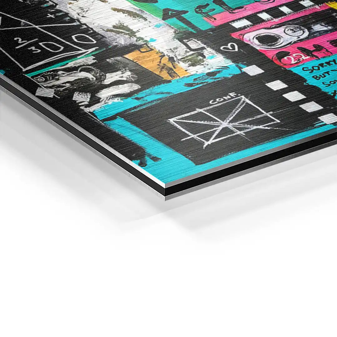 Detailansicht modernes Wandbild auf Aluminium mit bunten Pop Art Elementen, abstrakt, türkis-schwarz