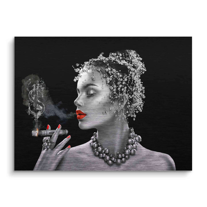 Modernes Wandbild einer eleganten Frau mit roten Lippen, Zigarre und Perlenschmuck