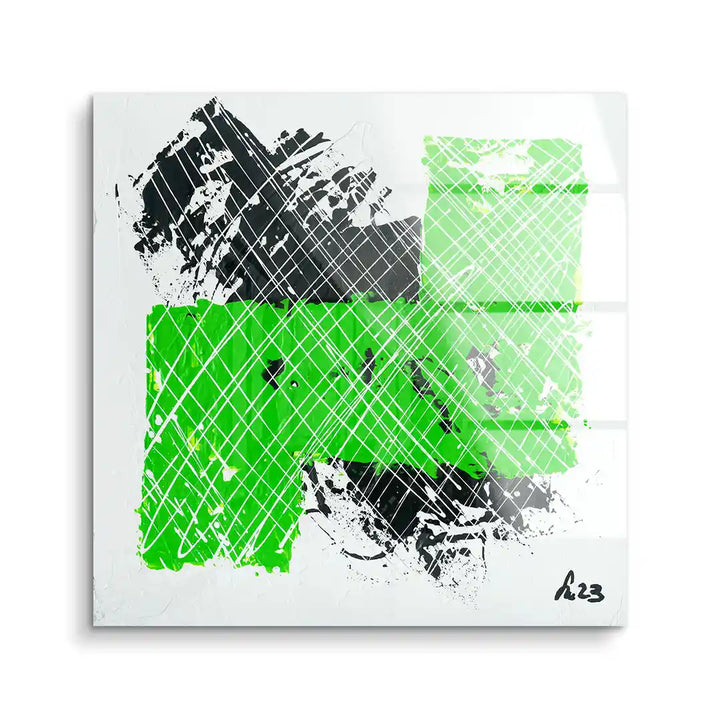Abstraktes Wandbild auf Acryl mit grünen und schwarzen Farbflächen und weißen Linienmustern