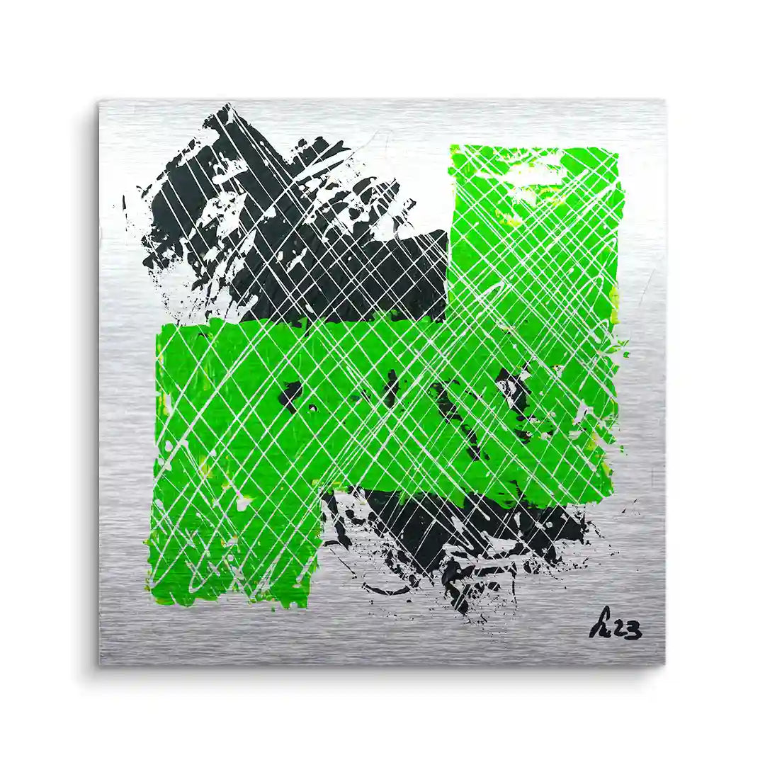 Abstraktes Wandbild mit grünen und schwarzen Farbflächen, silberner Hintergrund, moderne Kunst