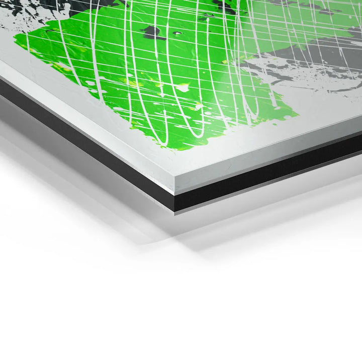 Detailfoto eines modernen Acrylglas Wandbilds mit grünem abstrakten Kunstmotiv
