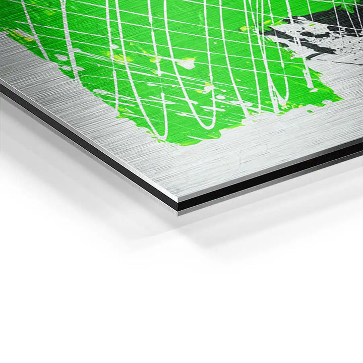 Detailaufnahme Wandbild auf Aluminium, grüne abstrakte Kunst, gebürstete Oberfläche