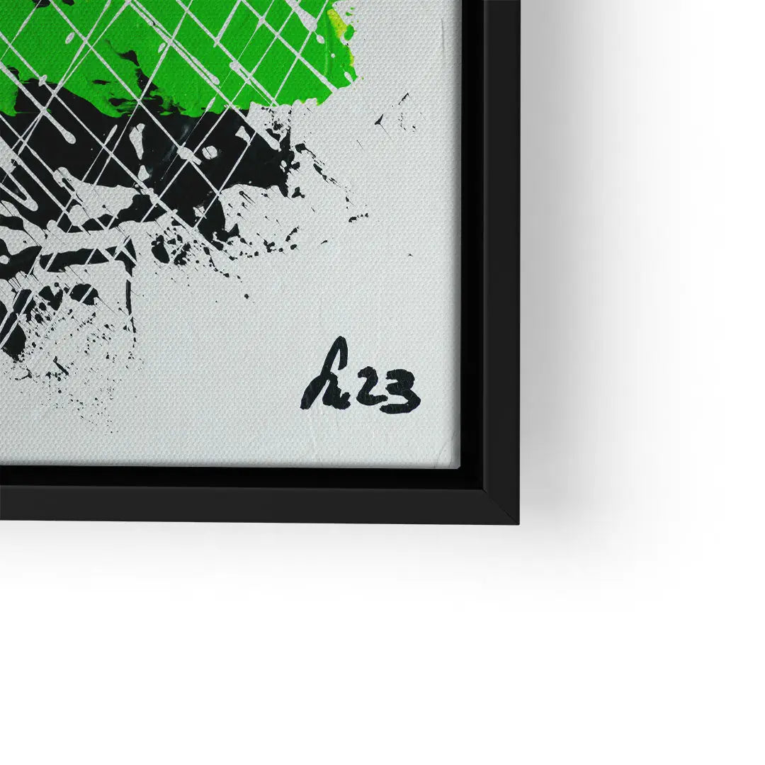 Modernes Wandbild mit grüner und schwarzer abstrakter Kunst in schwarzem Rahmen