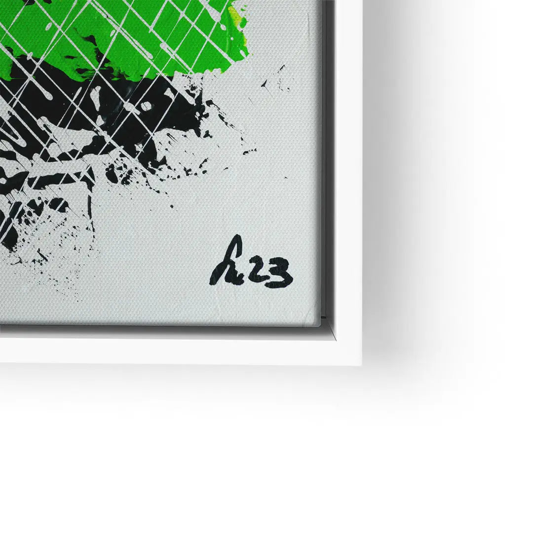 Modernes Wandbild mit abstrakter Kunst in Grün, Schwarz und Weiß, Leinwand im weißen Rahmen
