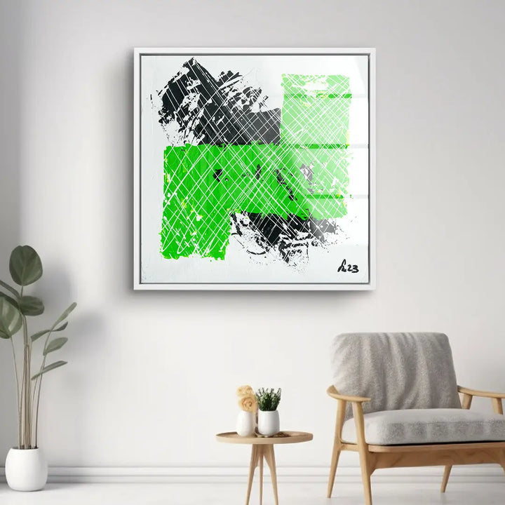 Modernes abstraktes Wandbild mit grünen und schwarzen geometrischen Formen im Wohnzimmer