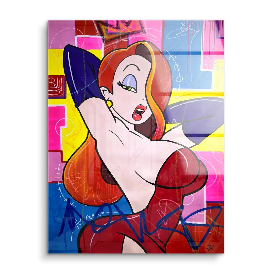 Pop Art Wandbild mit rothaariger Frau vor buntem, abstraktem Hintergrund auf Acrylglas