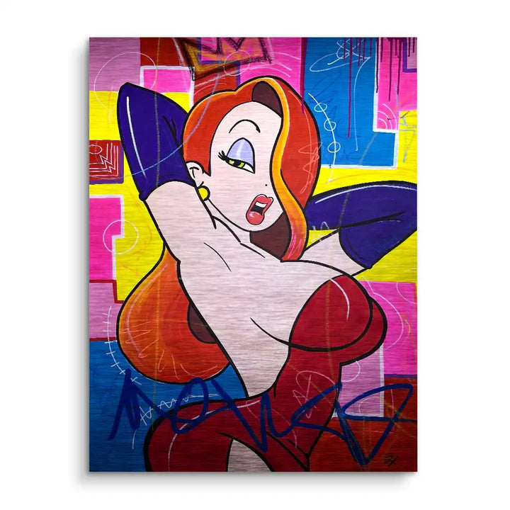 Pop Art Wandbild mit rothaariger Comic-Figur, bunter Hintergrund, modernes Kunstbild.