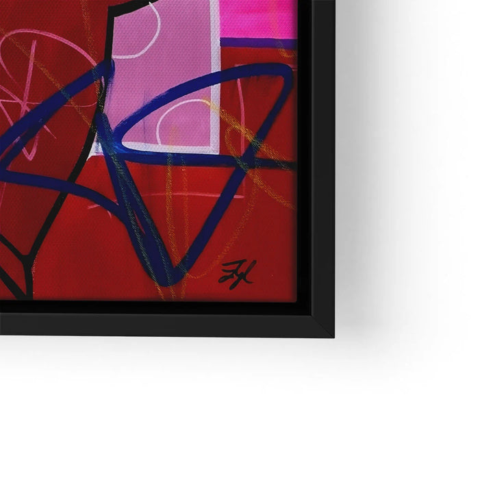 Modernes Wandbild mit abstrakter Kunst in Rot, Pink und Blau, schwarzer Rahmen