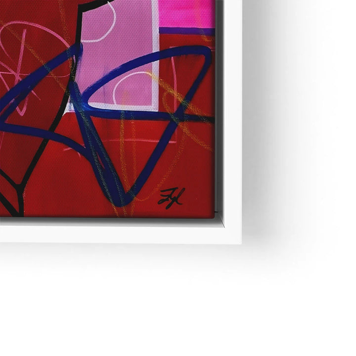 Modernes Wandbild mit roten, rosa und blauen abstrakten Formen im weißen Rahmen