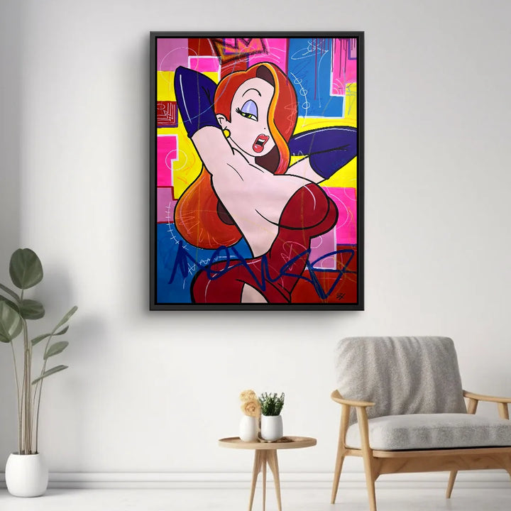 Modernes Wandbild mit rothaariger Comic-Figur in rotem Kleid und buntem Pop Art Hintergrund
