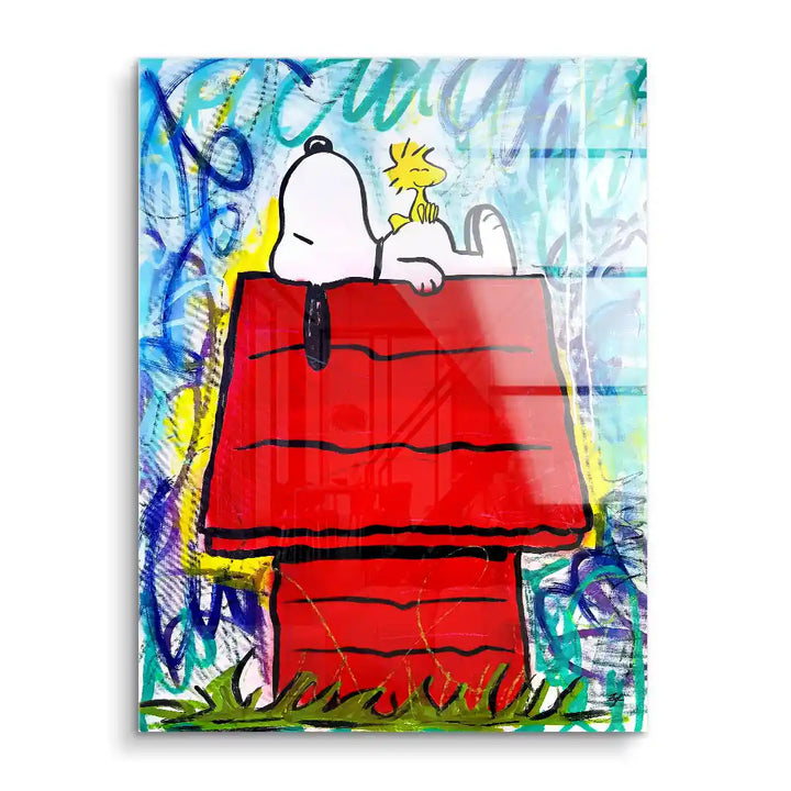 Modernes Acrylbild mit Comic-Hund auf rotem Haus, bunte Graffiti-Kunst, Wandbild