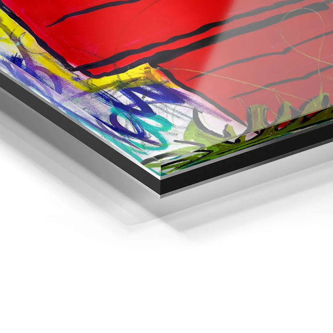 Detailansicht Acrylglas Wandbild, abstrakte Kunst mit roten, gelben und blauen Farben