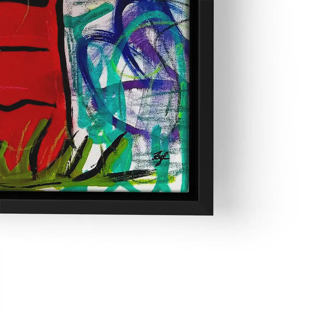 Bunter abstrakter Kunstdruck mit roten, grünen und blauen Pinselstrichen im schwarzen Rahmen.