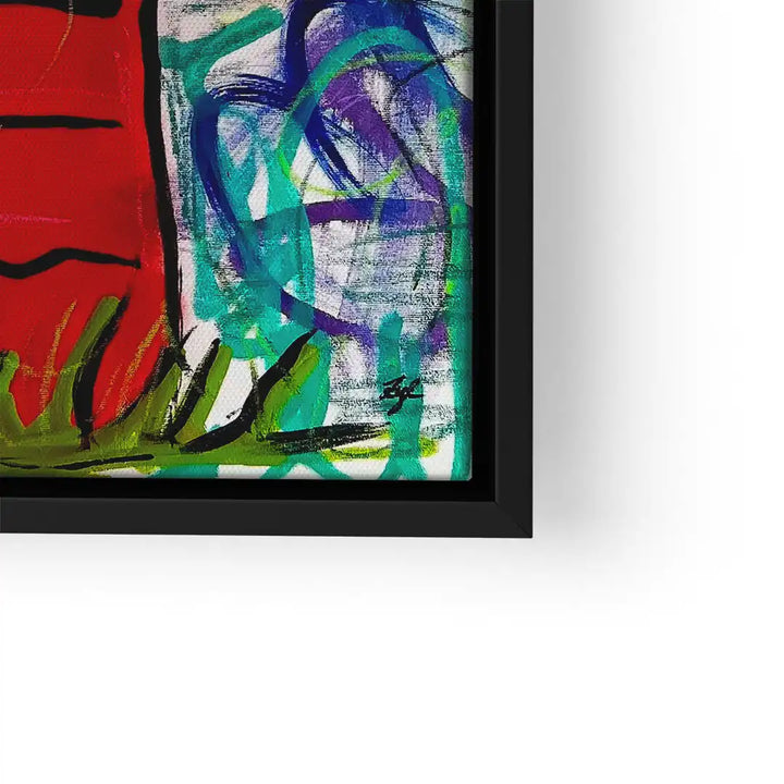 Bunter abstrakter Kunstdruck mit roten, grünen und blauen Pinselstrichen im schwarzen Rahmen.